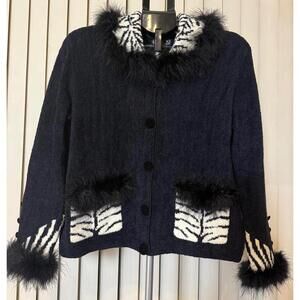 BEREK L CARDIGAN SWEATER CHENILLE BLACK & WHITE ZEBRA FEATHER ACCENTS VTG NWOT